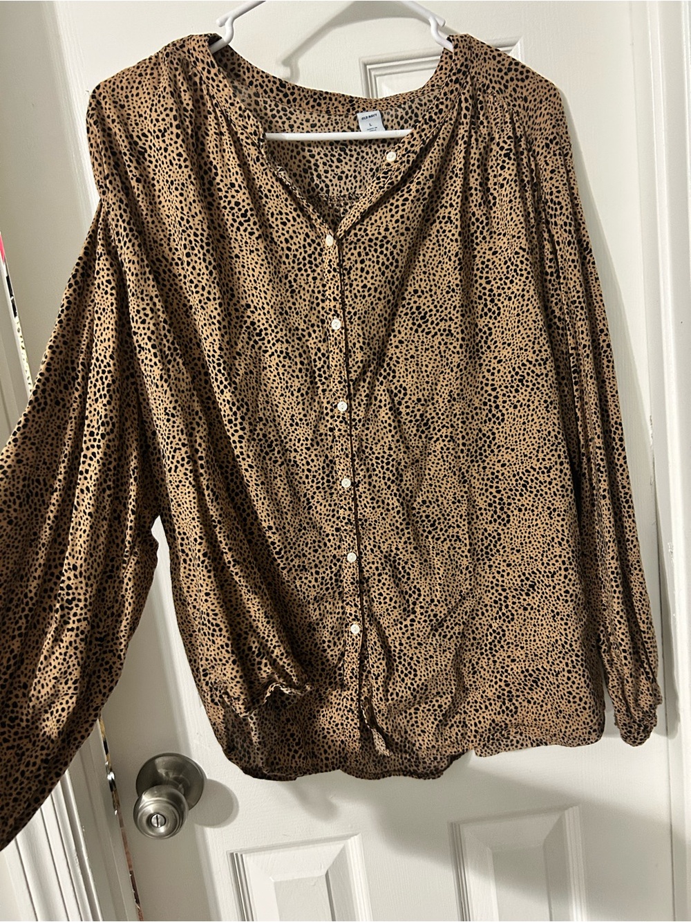 Womens Brown Dot Print Button-Front Blouse